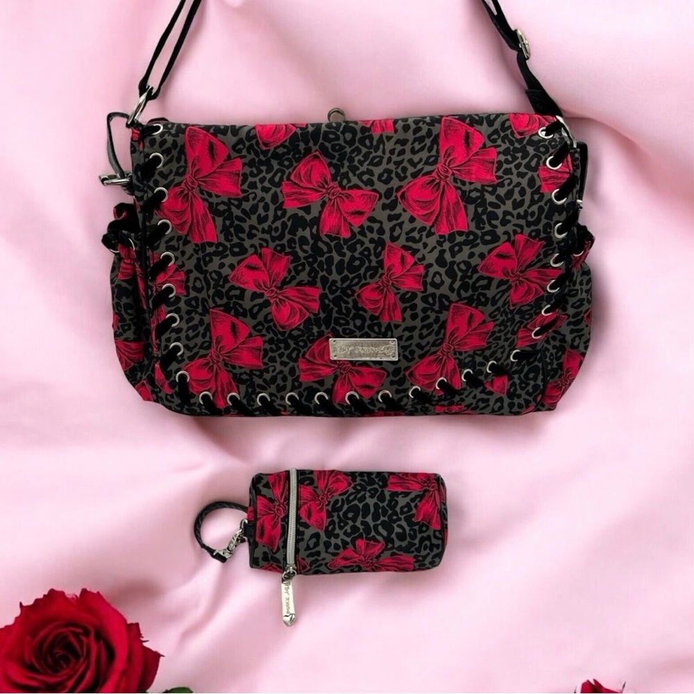 Betsey Johnson Crossbody Messenger Bag with Black Leopard Print and Red Bows